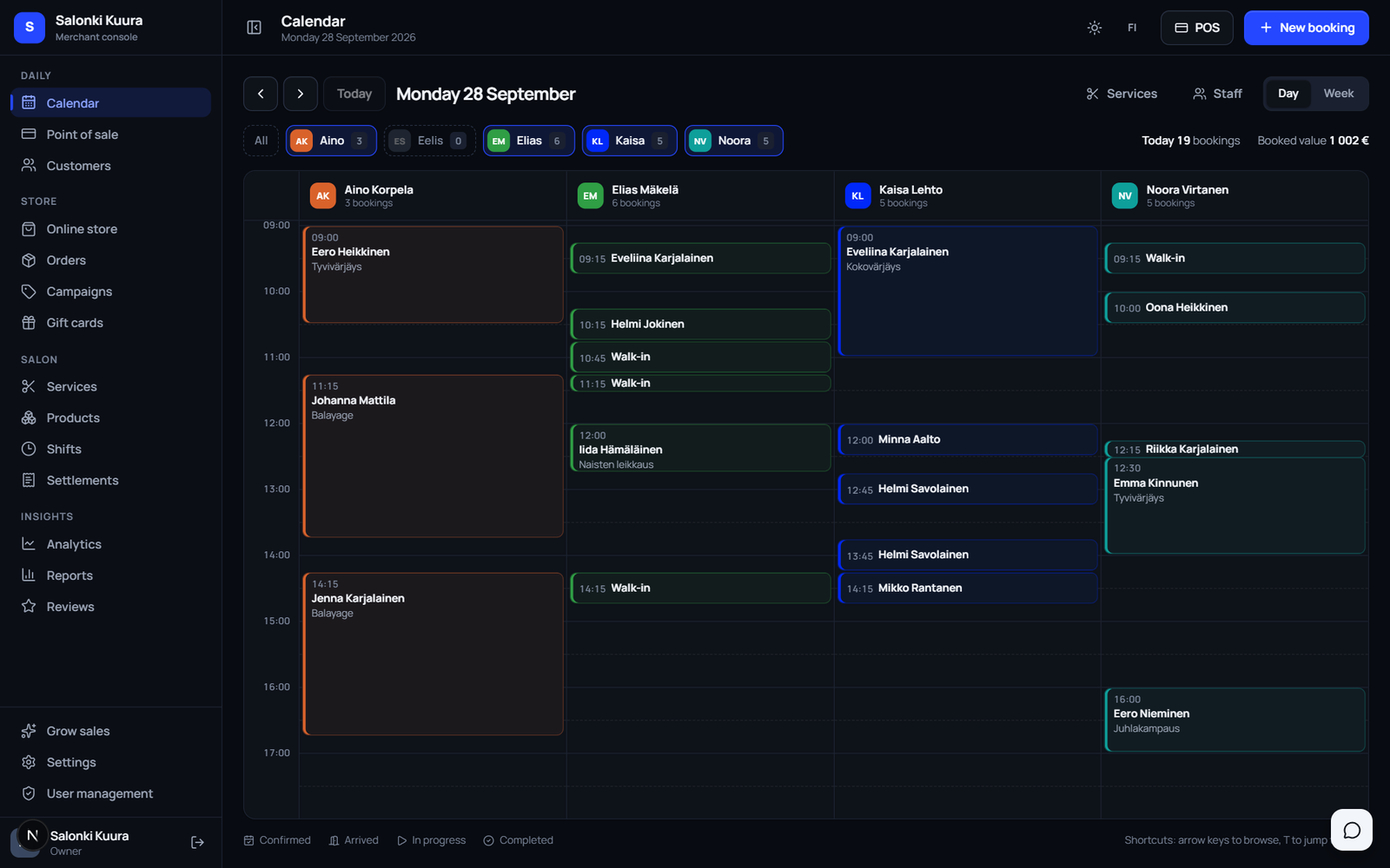 Merchant App calendar day view: four stylists side by side, bookings colour-coded by status