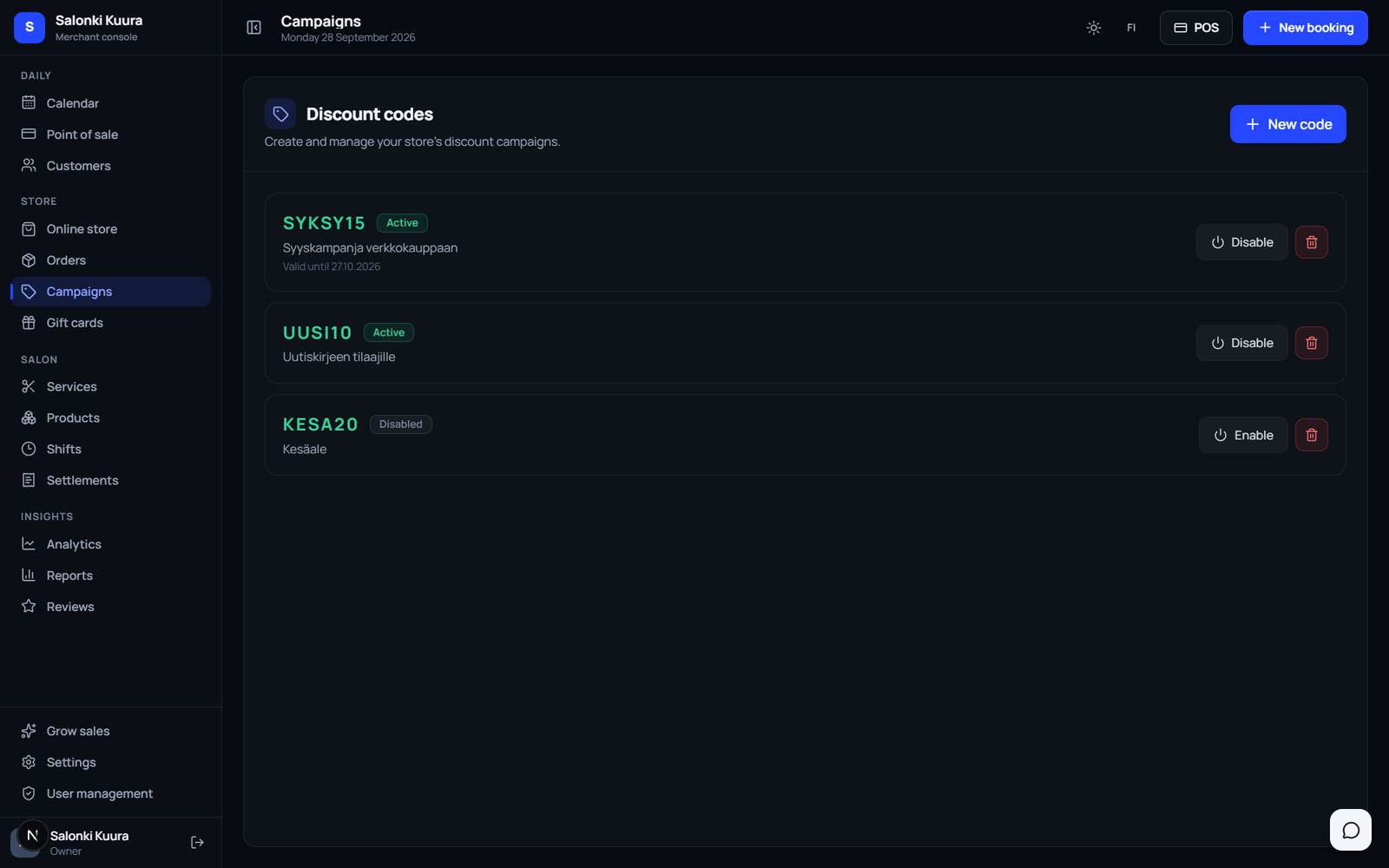Discount codes: campaigns, validity and activation