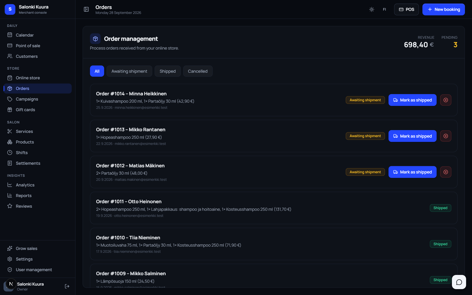Order management: online store orders by status and marking as shipped