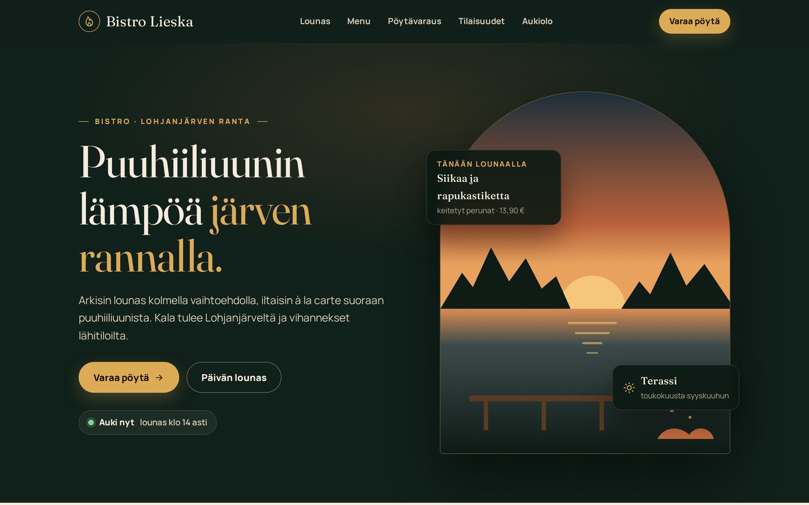 Bistro Lieskan uusi etusivu: tunnelmallinen ravintolasivu, jossa pöytävaraus, päivän lounas ja aukiolo näkyvät heti.